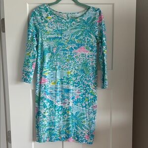 Lilly Pulitzer Blue Sheath Dress 3/4 Sleeve Crew Neck